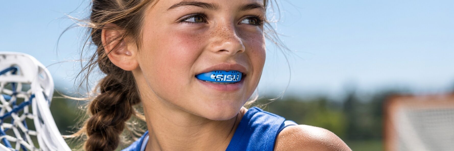 A lacrosse player wearing a blue SISU mouthguard