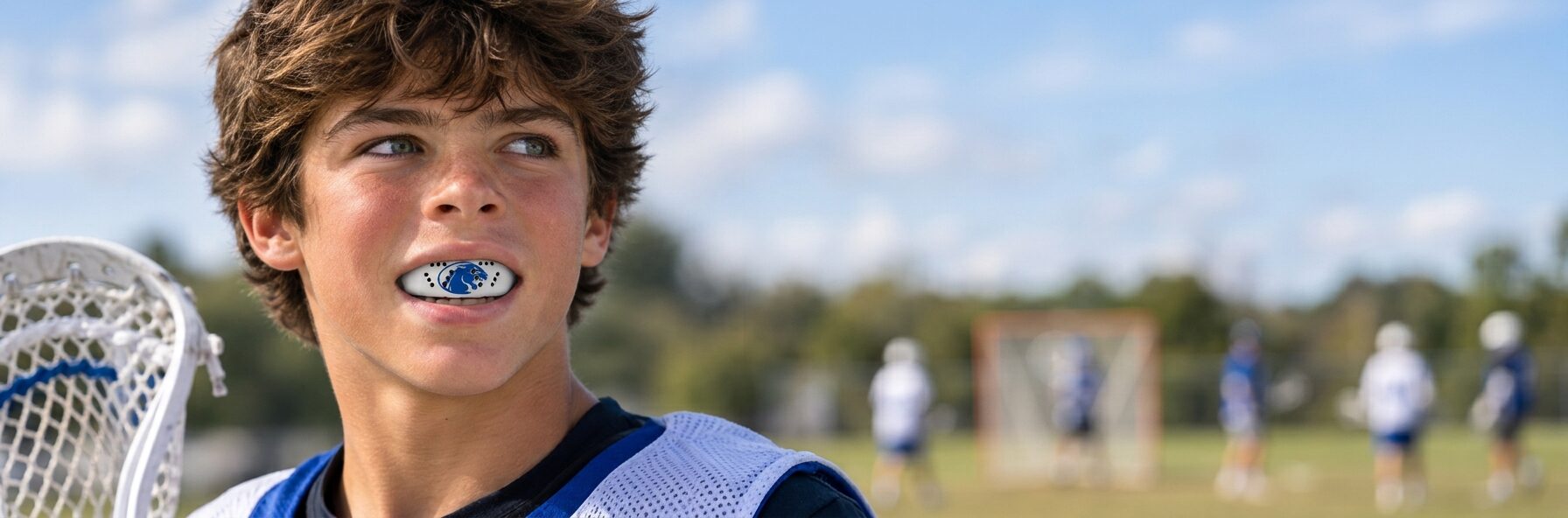 A lacrosse player wearing a SISU mouthguard custom-printed with his team's logo